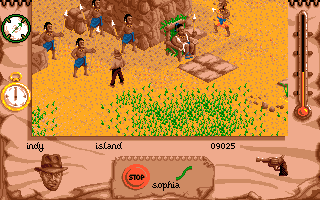 Indiana Jones and the Fate of Atlantis: The Action Game (Amiga) screenshot: Indy meets up with some natives.