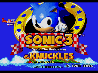 Sonic the Hedgehog 3 (Genesis) screenshot: When inserted in a Sonic & Knuckles cartridge, the title screen changes to indicate this.