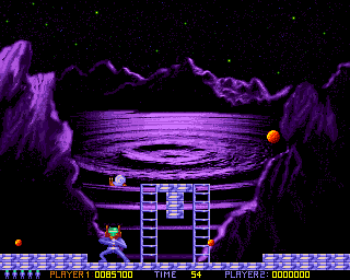 Ooops Up (Amiga) screenshot: If you get this bonus-item, the snail, the asteroids will bounce a lot slower for a while.