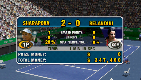 Virtua Tennis: World Tour (PSP) screenshot: Sharapova vs. Relandini match results.
