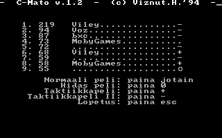 C-Mato (DOS) screenshot: Title and scores (rightmost character indicates game mode)