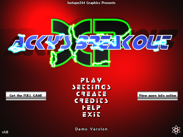 Acky's XP Breakout (Windows) screenshot: Main menu (demo version)