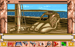 Chrono Quest II (Amiga) screenshot: Game start - Looks like an old shoe, but it is Explora, your time machine.