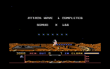 Dropzone (Atari 8-bit) screenshot: Wave 1 completed
