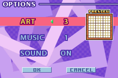 Dr. Sudoku (Game Boy Advance) screenshot: Options Screen: choose between different backgrounds
