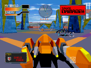 Cyber Sled (PlayStation) screenshot: Cybersled is essentially Atari 2600 game Combat, but with fancy 3D graphics.