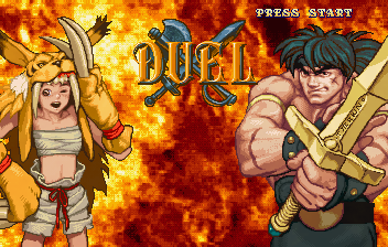 Golden Axe: The Duel (SEGA Saturn) screenshot: Pre-fight loading screen. Not sure who ripped off whom, but doesn't this girl look a lot like a character from Samurai Shodown?