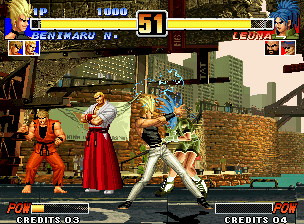 The King of Fighters '96 (Neo Geo) screenshot: Benimaru Nikaido strikes back... and attacks Leona Heidern using his shockin' move Benimaru Koreda!