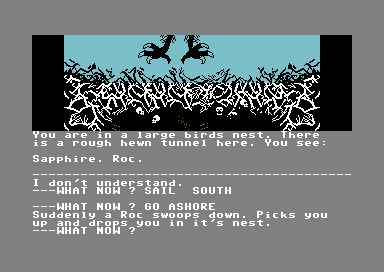 Seas of Blood (Commodore 64) screenshot: From Sinbad to me (to Space Quest 4) -- I guess that's why it was marked on the map as "Roc Island"!