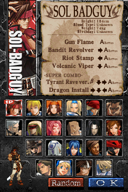 Guilty Gear: Dust Strikers (Nintendo DS) screenshot: Character select screen, it has moves list for each character.