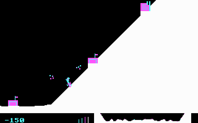 Sopwith (DOS) screenshot: Crashing into a mountain.