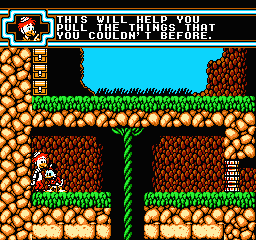 Disney's DuckTales 2 (NES) screenshot: Υou can find Gyro in 3 different stages - talk to him and he'll give you power ups for the pole