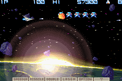 Gradius Galaxies (Game Boy Advance) screenshot: Enemies the one and only way they ought to be - in line.