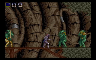 Shadow of the Beast (Amiga) screenshot: Surrounded by monsters on a bridge.