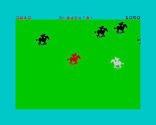 Shadowfax (ZX Spectrum) screenshot: Looks like Buffalo Bill riding, delivering the mail. And it looks like the icon for the Portuguese mail distribution company.