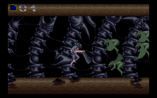 Shadow of the Beast (Amiga) screenshot: Flying with a jet-pack on my back.