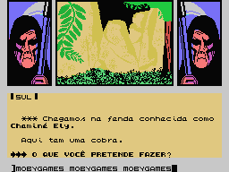 A Lenda da Gávea (MSX) screenshot: A wedge called Chaminé ("Chimney") Ely, and a snake on the ground