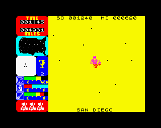 Tranz Am (ZX Spectrum) screenshot: Refuelling at S. Diego.