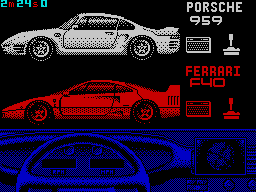 The Duel: Test Drive II (ZX Spectrum) screenshot: Two cars in every garage, two spools on every slow-loading tape
