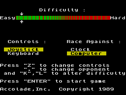 The Duel: Test Drive II (ZX Spectrum) screenshot: Main menu