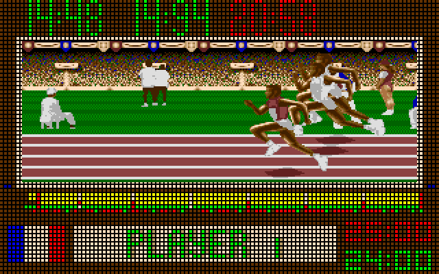 The Carl Lewis Challenge (Amiga) screenshot: 110m Hurdles finish