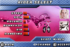 Dave Mirra Freestyle BMX 2 (Game Boy Advance) screenshot: Bike select