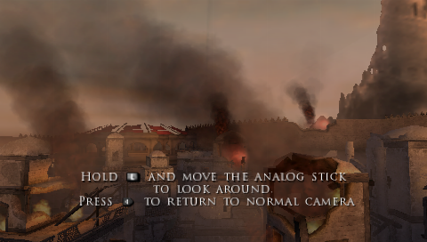Prince of Persia: The Two Thrones (PSP) screenshot: The 1st-person function allows you to view the surroundings and the enemies from a free perspective.