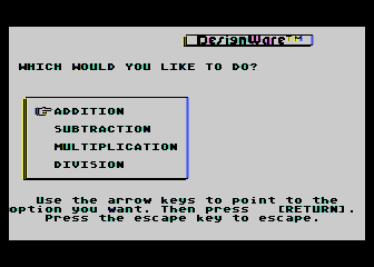 Math Maze (Atari 8-bit) screenshot: What type of math problems would you like?