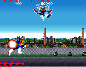 Bravoman (Arcade) screenshot: The hovering dude is called Alpha Man, you can kick him if you want