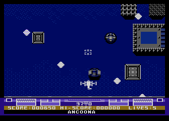 Hawkquest (Atari 8-bit) screenshot: Bases shooting