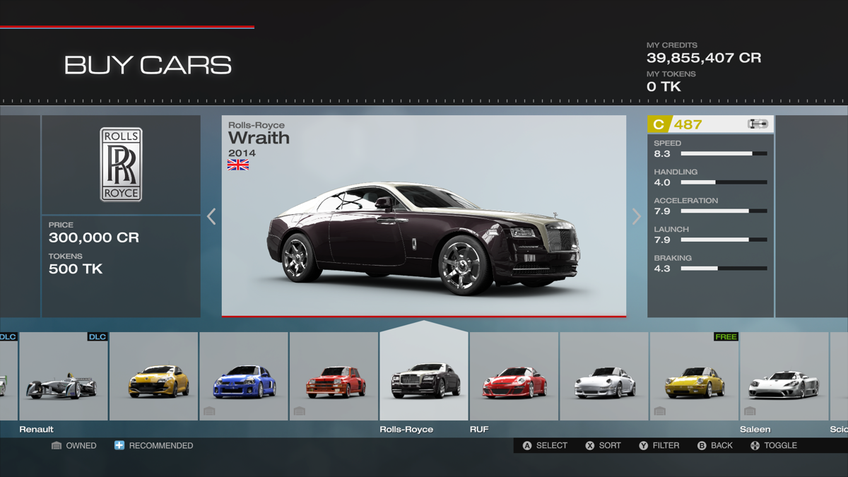 Forza Motorsport 5: 2014 Rolls-Royce Wraith (Xbox One) screenshot: The DLC pack is free but the car costs 300.000 in-game credits...