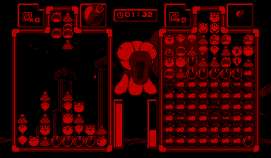 Panic Bomber (Virtual Boy) screenshot: ... But includes bombs which you detonate to push blocks up into your rival's play area.