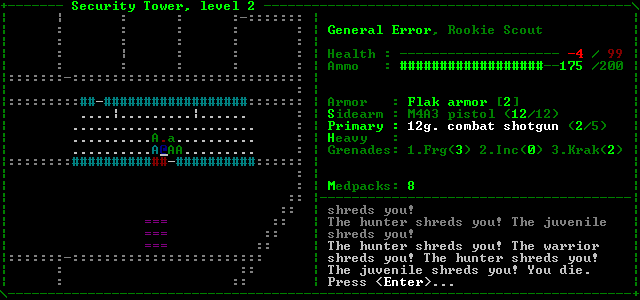 Aliens: Roguelike (Windows) screenshot: Aaaargh! I'm not as invincible as I thought.