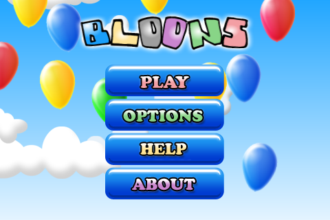 Bloons (iPhone) screenshot: Title screen and menu