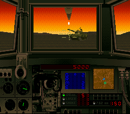Garry Kitchen's Super Battletank: War in the Gulf (SNES) screenshot: Firing upon an enemy tank!