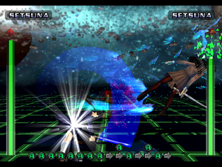 Evil Zone (PlayStation) screenshot: Setsuna throwing the opponent back with a sword hit.