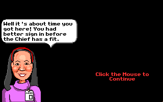 Where in Time Is Carmen Sandiego? (Amiga) screenshot: Signing in for a case.