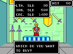Phantasy Star (SEGA Master System) screenshot: Buying weapons