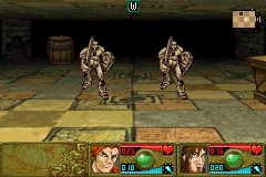 Mazes of Fate (Game Boy Advance) screenshot: Two clay knights these can be quite devastating if you don't move about while battling