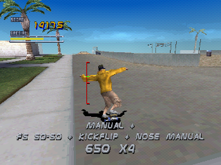 Tony Hawk's Pro Skater 2 (PlayStation) screenshot: Free skate mode, you can skate to major your skills, also for fun and locate gaps in this mode.