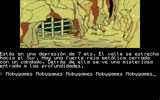 La Aventura Original (Amiga) screenshot: A depression 23 feet deep with a locked metal grate.