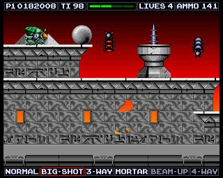Venus the Flytrap (Amiga) screenshot: In the dead city, you will face bouncing caterpillars.