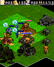 Age of Empires II Mobile (J2ME) screenshot: When in the middle of the enemy camp, destroy them all. The fog will not help you (Sony Ericsson K700 version)