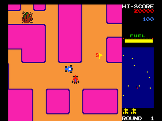 Namco Museum Vol. 1 (PlayStation) screenshot: New Rally X - Enemy, flag and rock