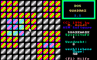 DOS Quadraz (DOS) screenshot: An easy level 1 puzzle - solvable in 40 moves (or less).