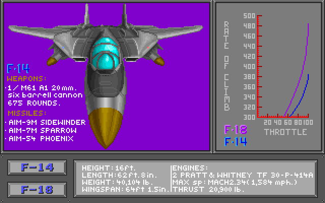 Top Gun: Danger Zone (DOS) screenshot: Aircraft selection