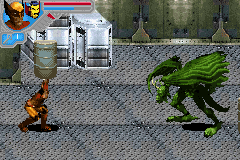 Marvel Ultimate Alliance (Game Boy Advance) screenshot: Wolverine holding a barrel to throw to Fin Fang Foom