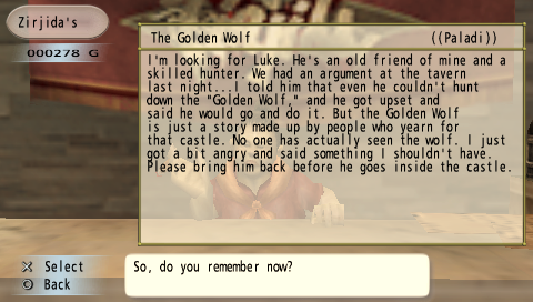 Valhalla Knights (PSP) screenshot: Quest info at adventures guild.