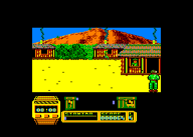 Butcher Hill (Amstrad CPC) screenshot: A soldier shoots at you from his hut