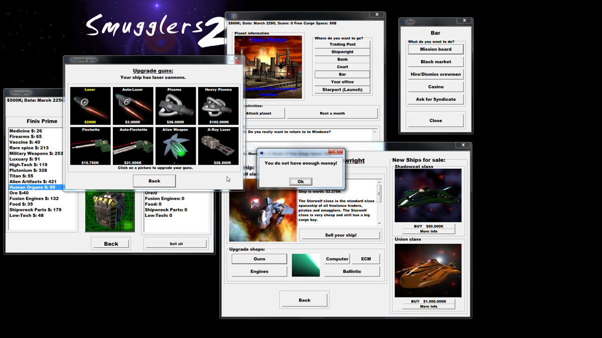 Smugglers 2 (Windows) screenshot: You can upgrade five ship modules (guns, engines, ECM, targeting computer and ballistic missiles), however each upgrade often offers trade-off of various statistics.
